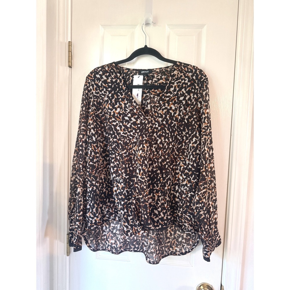 DKNY Womens Abstract Animal Print V-Neck High-Low Chiffon Blouse Black Brown XL